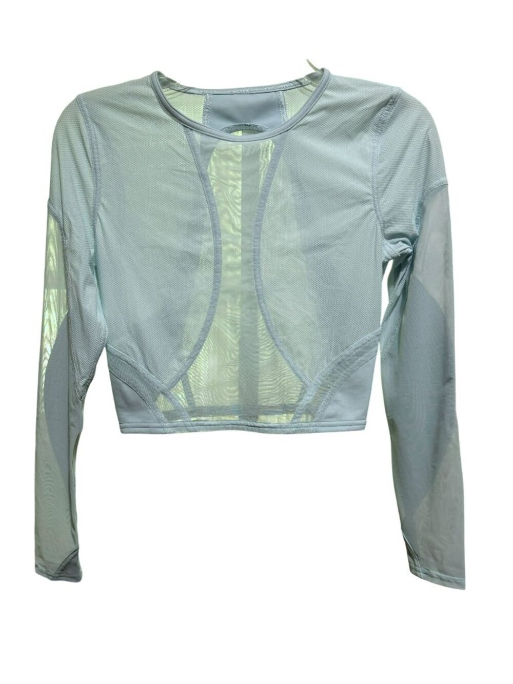 Lululemon Cropped Light Blue Mesh Panelled Training LS Top Sz 4 XS/S Tight Fit